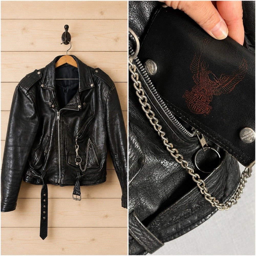 Vtg 90's Black Leather Moto Jacket  Heavy Weathered + Harley Trucker Wallet Sz L